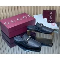 Perfect Gucci Ragazzo Horsebit Flat Mules Black Calf Leather 260503 Black