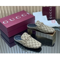 Good Quality Gucci Ragazzo Horsebit Flat Mules Beige GG Canvas 260503 Canvas Beige