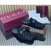 Most Popular Gucci Ragazzo Horsebit Flat Mules Black GG Suede Leather 260503 Suede Black