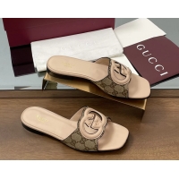 1:1 aaaaa Gucci Interlocking G Flat Slides Sandals GG Canvas and Pink Calfskin Leather 260504 Pink