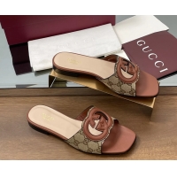 1:1 Gucci Interlocking G Flat Slides Sandals GG Canvas and Brown Calfskin Leather 260504 Brown