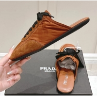 Pretty Style Prada Collapse Mixed Media Re Nylon and Suede Flat Mules Brown 6050701