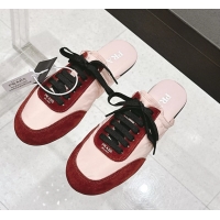 Shop Cheap Prada Collapse Mixed Media Re Nylon and Suede Flat Mules 6050701 Red Pink