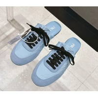 Most Popular Prada Collapse Mixed Media Re Nylon and Suede Flat Mules 6050701 Light Blue