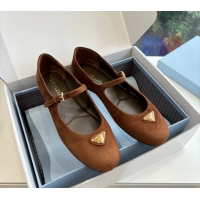 Low Price Prada Embellished Mary Jane Suede Leather Ballet Flats 6050702 Brown