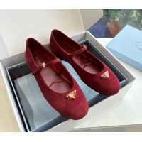 Good Quality Prada Embellished Mary Jane Suede Leather Ballet Flats 6050702 Red