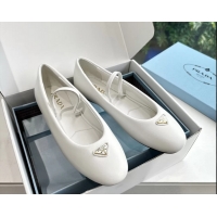 Grade Quality Prada Embellished Mary Jane Leather Ballet Flats 6050703 White