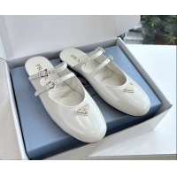 Good Looking Prada White Shiny Calfskin Leather Mary Jane Ballet Flat Mules 6050801 White