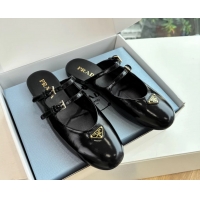 Top Grade Prada Black Shiny Calfskin Leather Mary Jane Ballet Flat Mules 6050801 Black