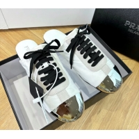 Hot Style Prada Collapse White Suede Leather and Re Nylon Open Back Sneakers with Metal Toecap 6050803 White