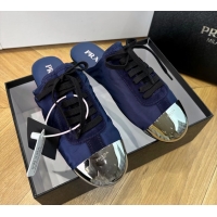 Stylish Prada Collapse Suede Leather and Re Nylon Open Back Sneakers with Metal Toecap 6050803 Blue