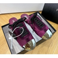 Shop Duplicate Prada Collapse Purple Suede Leather and Re Nylon Open Back Sneakers with Metal Toecap 6050803 Purple
