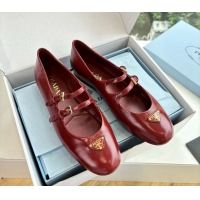 Top Quality Prada Red Shiny Calfskin Leather Mary Jane Ballet Flats 6050805 Red