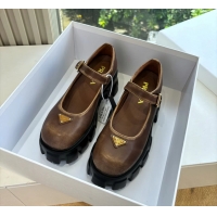 Duplicate Prada Brown Calfskin Leather Monolith Mary Janes Platform Shoes 6050808 Brown