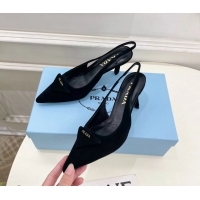 Hot Style Prada Triangle Logo Black Suede Leather Slingback Pumps 75MM 6050802 Black