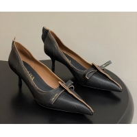 Stylish Prada Black Tan Antiqued Leather Exposed Seam Kitten Heel Pumps 55MM 6050804