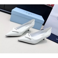 Luxurious Prada Triangle Logo Plaque Leather Pumps White 55MM 6050806 White