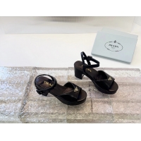 Super Quality Prada Triangle Logo Black Leather Platform Sandals 6050807 Black