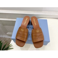 Stylish Prada Brown Leather Heeled Slides Sandals 45MM 6050809