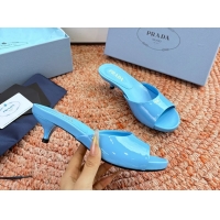 Top Grade Prada Patent Leather Kitten Heel Slides Sandals 6050815 Light Blue