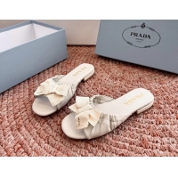 Good Looking Prada Bow White Leather Flat Slides Sandals 6051003 White