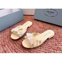 Top Grade Prada Bow Light Yellow Leather Flat Slides Sandals 6051003 Yellow