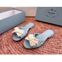 Unique Style Prada Bow Light Blue Leather Flat Slides Sandals 6051003 Blue