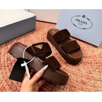 Best Product Prada Suede Leather Band Platform Slides Sandals 6051004 Dark Brown