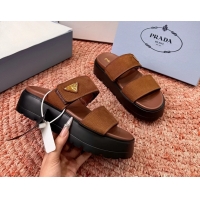 Cheap Price Prada Suede Leather Band Platform Slides Sandals 6051004 Brown