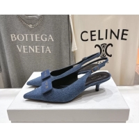 Low Price Celine Signature Slingback Pumps with Label Blue Denim Fabric 45MM 6051101 Blue 
