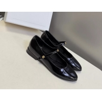 Stylish Celine City Mary Janes Ballet Flat Shoes Black Glossy Calfskin Leather 6051105 Black