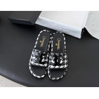 Most Popular Chanel CC Logo Tweed Raffia Flat Slides Sandals Shoes 6051109 Black White