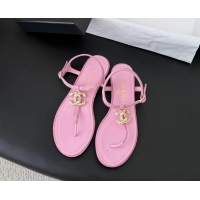 Classic Chanel CC Logo Pink Leather Thong Flat Sandals Shoes 6051202