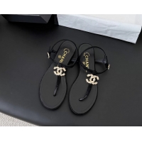 Fashion Chanel CC Logo Black Leather Thong Flat Sandals Shoes 6051203