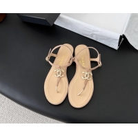 Unique Discount Chanel CC Logo Beige Leather Thong Flat Sandals Shoes 6051203