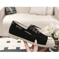 Inexpensive Chanel CC Lace Up moccasins Shoes Black Light Gray Suede Calfskin Leather 6051204