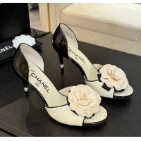 Low Price Chanel Camellia Flower High Heeled Sandals White Quilted and Black Patent Leather 6051210