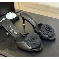 Durable Chanel Camellia Flower High Heeled Slides Sandals Shoes Black Quilted Leather 6051301