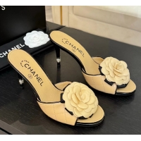 Original Cheap Chanel Camellia Flower High Heeled Slides Sandals Shoes Beige Quilted Leather 6051301