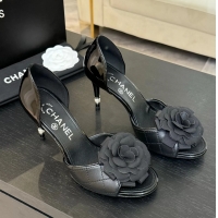 Cheap Chanel Camellia Flower High Heeled Sandals Black Quilted and Black Patent Leather 6051302