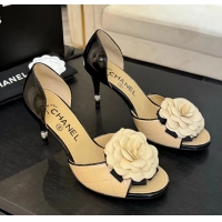 Trendy Design Chanel Camellia Flower High Heeled Sandals Beige Quilted and Black Patent Leather 6051302