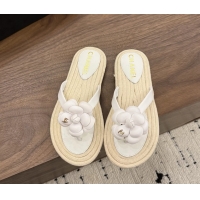 Feminine Chanel Leather Camellia Flower Terry Cloth Espadrille Slip Flops Thong Sandals Shoes White 6051303