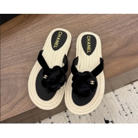 Discount Chanel Leather Camellia Flower Terry Cloth Espadrille Slip Flops Thong Sandals Shoes 6051303 Black