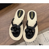 Discount Chanel Leather Camellia Flower Terry Cloth Espadrille Slip Flops Thong Sandals Shoes 6051303 Black