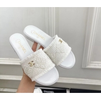 Buy Fashionable Chanel CC White Woven Raffia Flat Slides Sandals Shoes 6051304