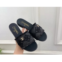 Fashion Chanel CC Black Woven Raffia Flat Slides Sandals Shoes 6051304