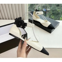 Good Looking Chanel Camellia Flower White Leather Dorsay Pearls Flat Shoes 6051305