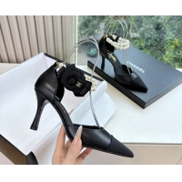 Unique Style Chanel Camellia Flower Black Leather Dorsay Pearls High Heeled Pumps Shoes 80MM 6051306