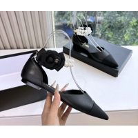 Best Product Chanel Camellia Flower Black Leather Dorsay Pearls Flat Shoes 6051307