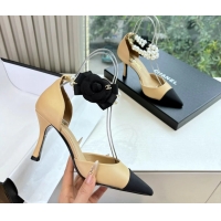 Low Price Chanel Camellia Flower Beige Leather Dorsay Pearls High Heeled Pumps Shoes 80MM 6051306